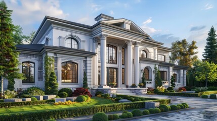 Obraz premium suburban farmhouse with a stately appearance, featuring a grand entrance with columns and a meticulously landscaped front yard
