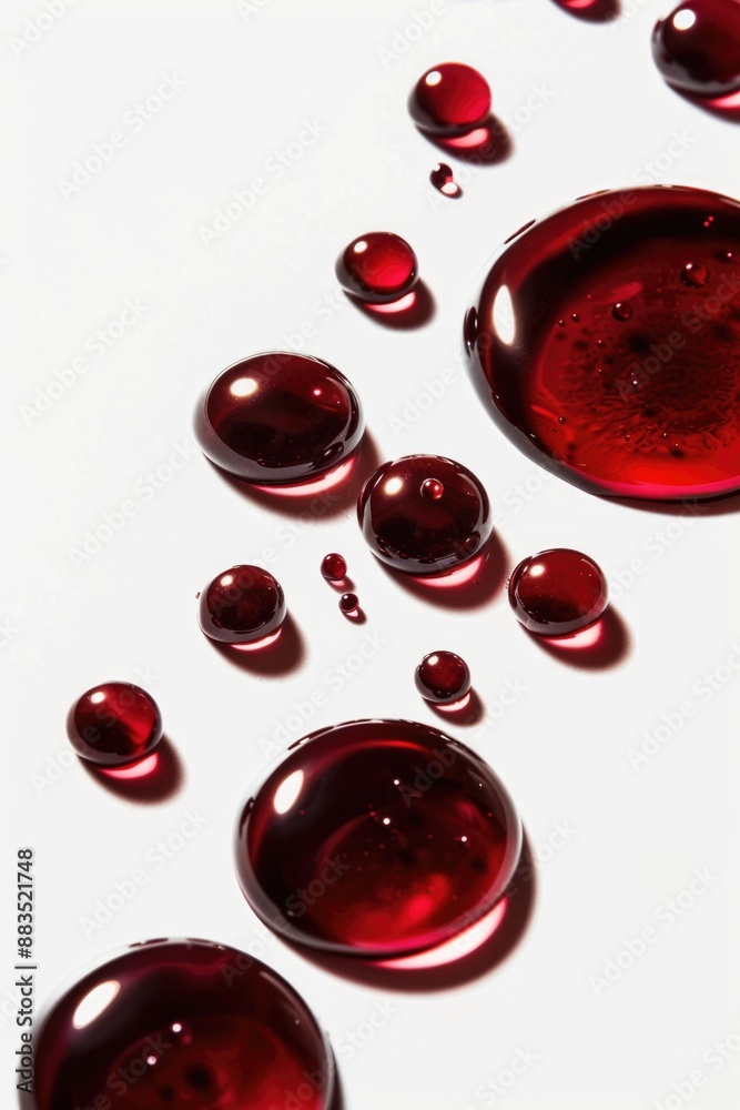Poster a close-up view of a single red liquid droplet sitting on a white surface