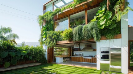 Fototapeta premium suburban farmhouse with a focus on sustainable living, featuring a vertical garden, a green roof, and energy-efficient appliances