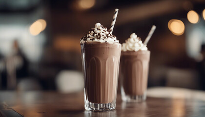 Chocolate milkshake in a tall glass with whipped cream and chocolate sprinkles in a stylish diner