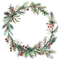 Christmas Wreath Photos. Botanical Art Background with Red Berries and Tree Branches