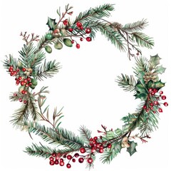 Christmas Wreath Photos. Botanical Art with Red Berries and Spruce Branches for Festive Celebration