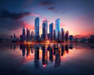 Obraz premium Futuristic smart city skyline at dusk, blending sustainable architecture with advanced technology