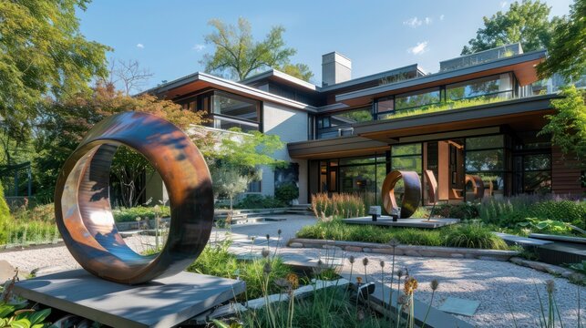 suburban farmhouse with an artistic flair, featuring abstract sculptures in the garden and a bold, geometric design