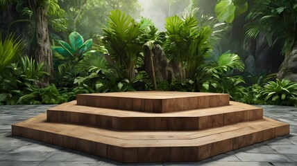 Fototapeta premium Background podium 3D green product nature jungle platform plant stand garden leaf scene studio. Podium display tropical background rock 3D presentation wood stage stone tree water pedestal cosmetic