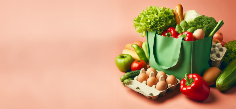  a variety of food items and groceries, green bag, The background is salmon pink, and the image seems to be promotional material for food delivery services or online grocery shopping