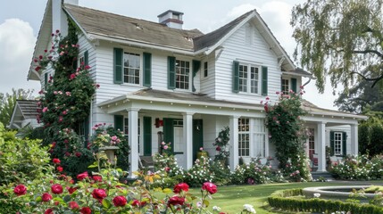Fototapeta premium suburban farmhouse with an elegant all-white exterior, complemented by green shutters and a meticulously kept rose garden