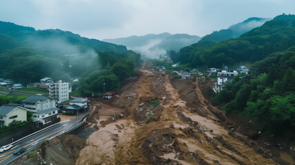 日本の土砂崩れのドローン空撮