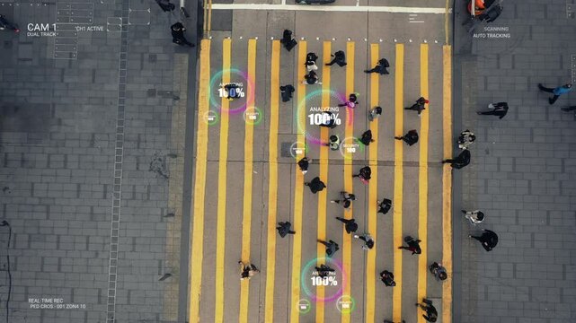 City, scan and people with surveillance, technology and future graphic overlay for security. Crosswalk, overhead and drone for urban, safety and population algorithm or town data count project