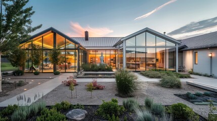 Fototapeta premium suburban farmhouse with a sleek, contemporary edge, featuring glass walls, minimalist landscaping, and a neutral color scheme with vibrant accents