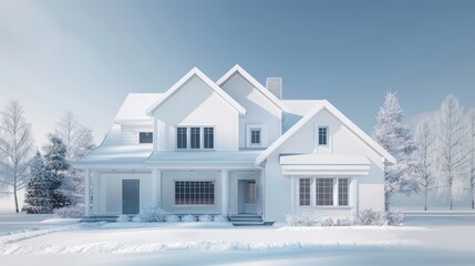 suburban farmhouse with a minimalist Arctic theme, featuring white and ice-blue colors, simple, streamlined design, and thermal efficiency to maintain warmth in a cold environment