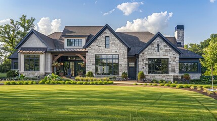 suburban farmhouse with a blend of rustic and modern elements, featuring a stone facade, clean architectural lines, and a well-manicured lawn