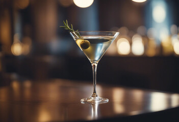 Classic martini in a sleek martini glass with an olive garnish in a high-end cocktail lounge