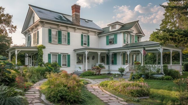 two-story farmhouse with classic white siding and green shutters, featuring a wraparound porch and a flagstone path leading to a gazebo in the garden