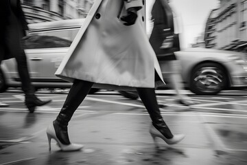 An elegant black and white photo of a woman wearing a classic trench coat and high heels, walking down a busy city street with a confident stride