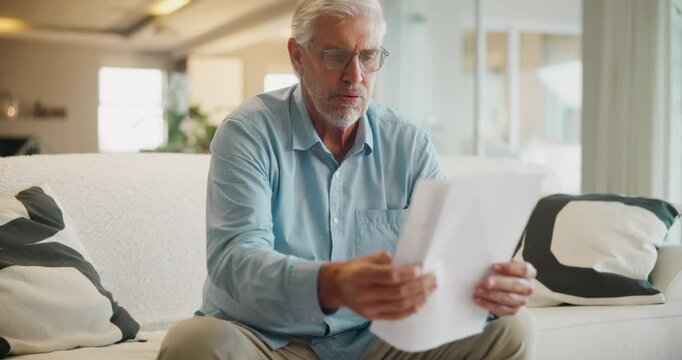 Documents, sofa and senior man with stress for mortgage payment, loan debt and insurance. Elderly person, retirement and frustrated with paperwork for financial bills, anxiety and healthcare invoice