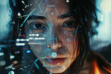 Futuristic close-up of eyes with digital overlay. Sci-fi tech concept blending human and machine.