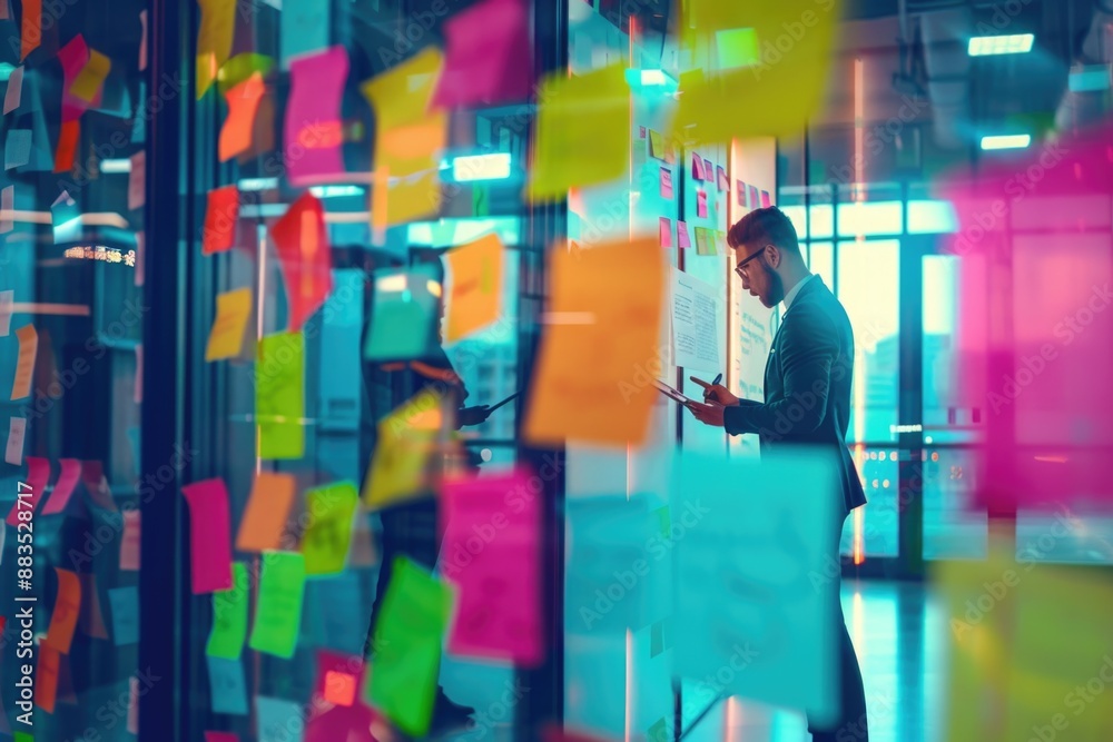 Poster a person standing in front of a glass wall with a sticky note surface, ready for organization and pl
