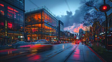 Real estate focusing a Commercial Property in a busy downtown area showcasing large storefront windows modern signage and high foot traffic