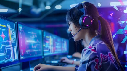 User engaged in an RPG game on their computer, highlighting intense focus. Perfect for gaming, technology, and eSports.