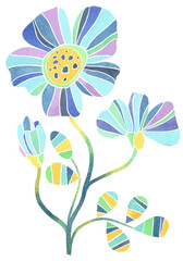 Blue Striped Flowers. Watercolor illustration, postcard.