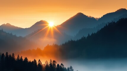 Obraz premium The sun rises over misty forested mountain ranges, casting golden light through the trees and illuminating the rolling hills, evoking a sense of serenity and wonder.