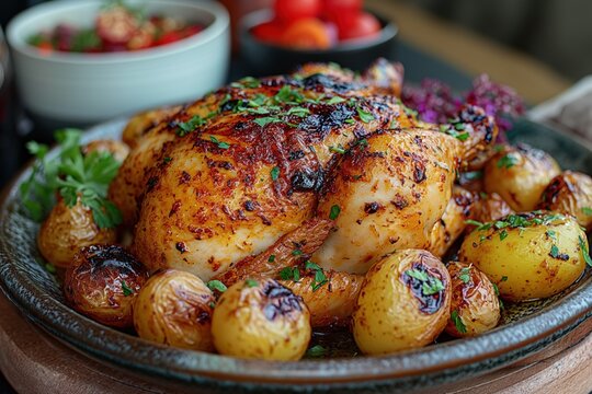 Frango assado suculento com batatas douradas: um cl&aacute;ssico irresist&iacute;vel para um almo&ccedil;o ou jantar em fam&iacute;lia