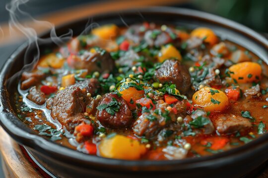 Ensopado de carne caseiro com batatas, cenouras e ervas frescas. Comida caseira saborosa e reconfortante