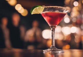 Cosmopolitan in a martini glass with a lime wedge in an upscale cocktail lounge