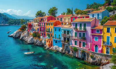 Obraz premium mediterranean style village on the sea in summer, marine tourism in europe, beautiful sky with sun clouds