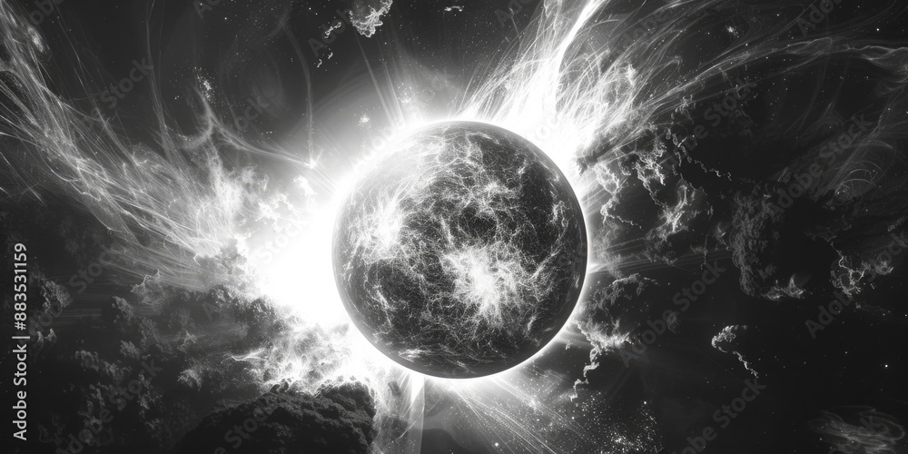 Poster a close-up shot of a planet in space, taken in monochrome tones