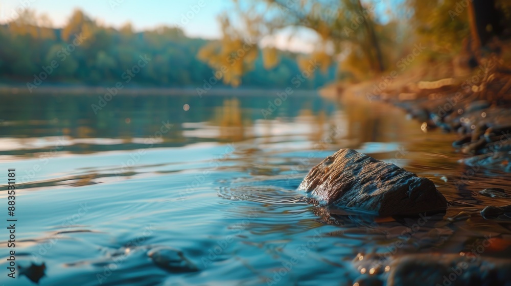 Poster a large rock protruding from the surface of calm water, suitable for use as a background or texture