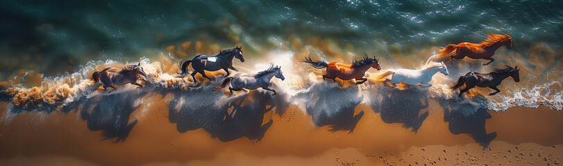 Aerial View of Horses Galloping Along the Ocean Shore
