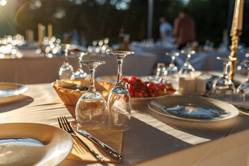 empty wine glasses on banquet served table in open air in rays of setting sun