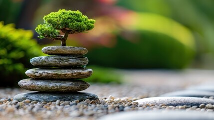 A tranquil Zen garden with stacked stones and a bonsai tree, epitomizing harmony and the art of balance, blending natural beauty and peaceful serenity in an outdoor space.
