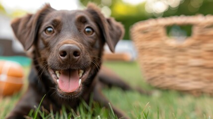 A close-up of a happy brown dog lying on the green grass, with a wicker basket in the background, capturing a sense of joy, playfulness, and natural outdoor bliss.