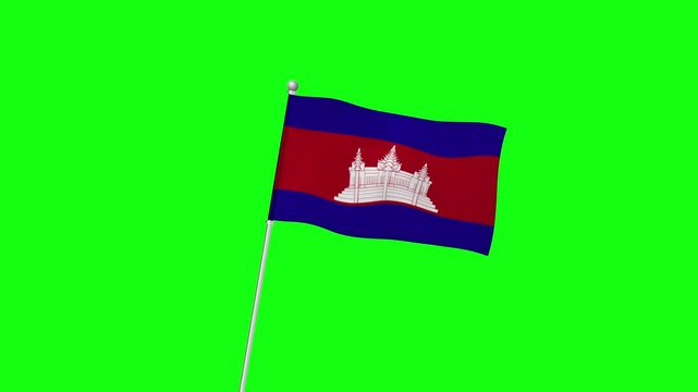 4K CAMBODIA flag with pole waving on chroma key  green screen