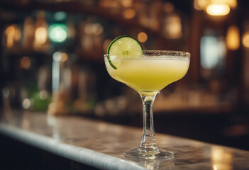 Daiquiri in a coupe glass with a lime wheel in an elegant Cuban bar