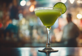 Daiquiri in a coupe glass with a lime wheel in an elegant Cuban bar