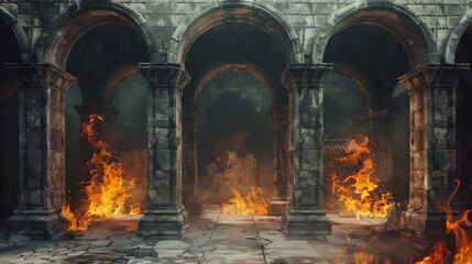 Fototapeta premium Stone arches, an example of classic ancient architecture. The flames that burst from within these majestic structures illuminate the stone surfaces, adding life and energy to them. 