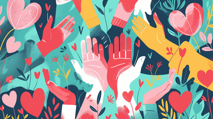Charity graphic concept with abstract silhouettes, diverse people, hands and hearts. Illustrating solidarity, compassion and readiness to help.