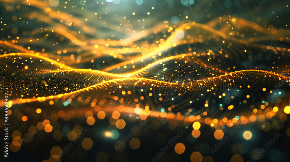 Aufkleber A digital wave of particles and glowing star points on an abstract background, creating a dynamic image with a technological look and a futuristic feel.