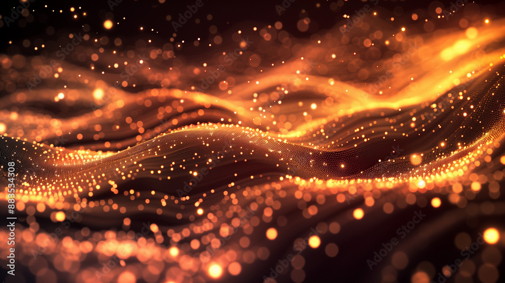 Poster a digital wave of particles and glowing star points on an abstract background, creating a dynamic im