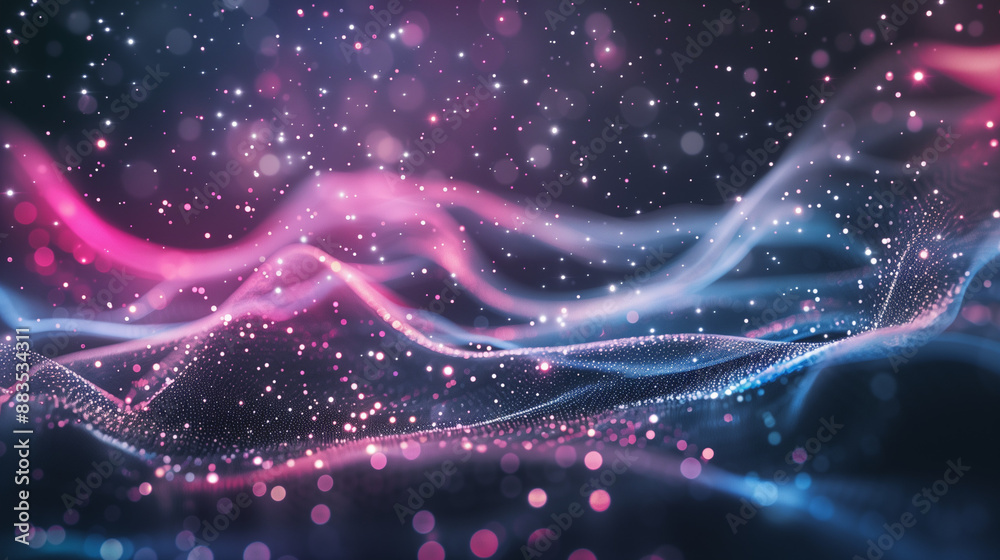 Poster a digital wave of particles and glowing star points on an abstract background, creating a dynamic im