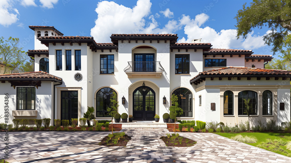 Wall mural The front view shows a stunning Spanish-style home with contrasting white and black details.