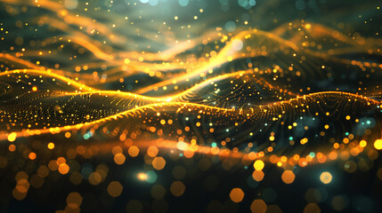 A digital wave of particles and glowing star points on an abstract background, creating a dynamic image with a technological look and a futuristic feel.