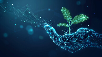 Sustainable economy concept as an abstract digital hand supporting a plant on a technological blue background
