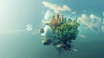 A vision for a sustainable environment. The graphic shows a human approach to protecting nature, reducing carbon footprints and creating sustainable cities for a green future.