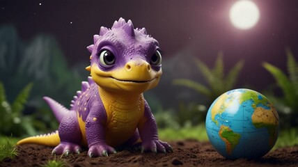 mage is a digital illustration featuring a cute, cartoonish baby dino with vibrant purple and yellow scales. The dragon has large, expressive eyes while looking at the globe  