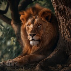 Regal lion resting by a tree, embodying courage and strength. Perfect for nature and wildlife themed decor and prints.